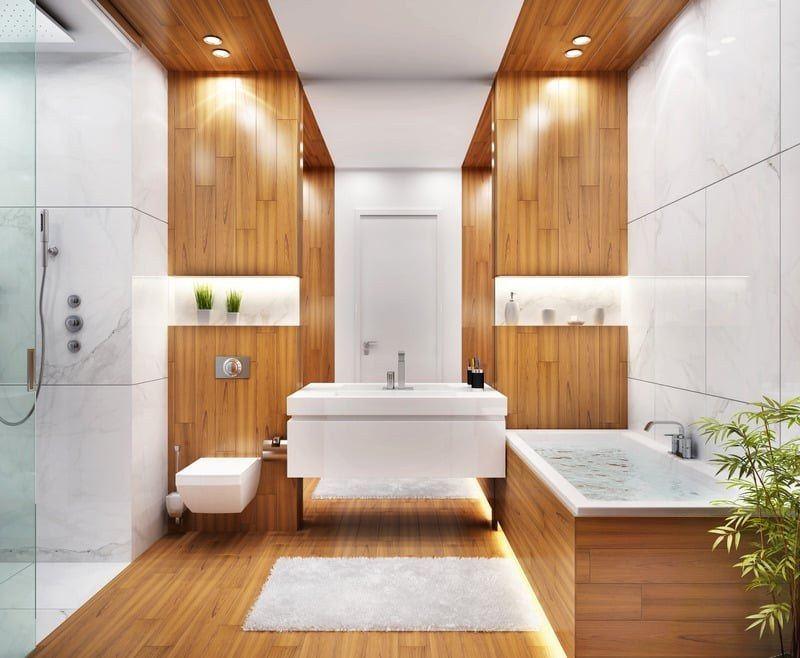 Wood‑panel bathroom